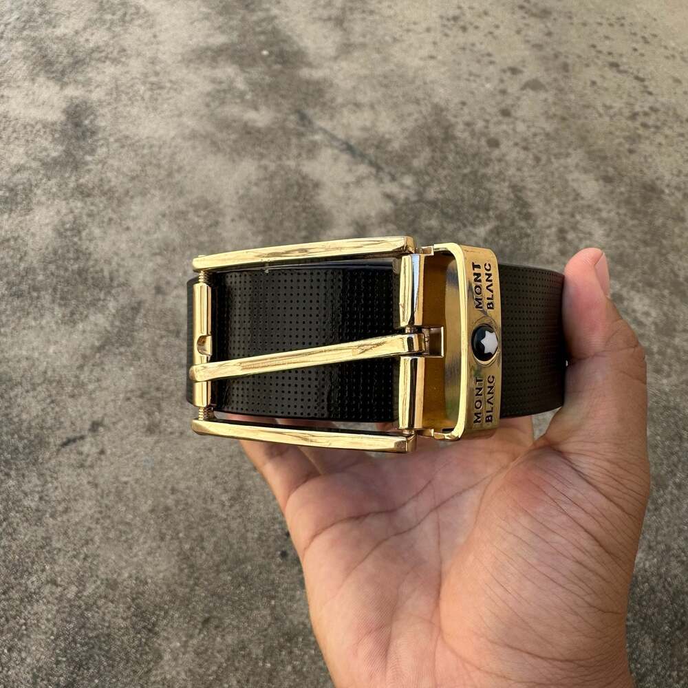 Montblanc Rectangular Shiny Gold Pin Buckle Perforated Black Leather Belt